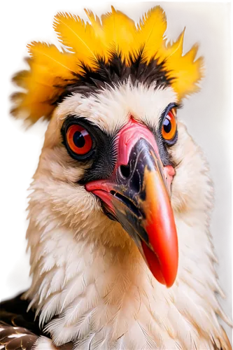 Turkey head, realistic, detailed feathers, brown and white plumage, red wattle, yellow beak, curious expression, big eyes, black pupil, eyelashes, soft focus, warm lighting, 3/4 composition, shallow d