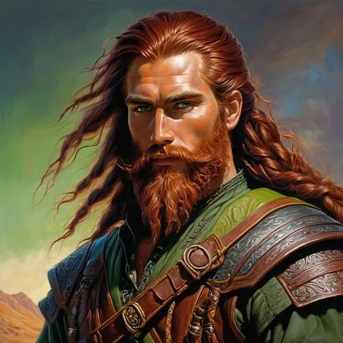 Full Body, Side Profile, oil painting, fantasy, a human man with Long braided Dark Red hair and long dark red beard tied with light green eyes, ((handsome detailed face and eyes)), Barrel chested Warr