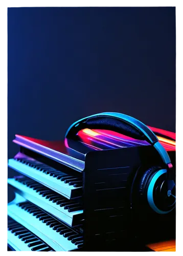 Music notes, headphones, sound waves, DJ equipment, vinyl records, microphone, guitar, piano, music sheets, colorful neon lights, dark background, shallow depth of field, cinematic composition, warm c