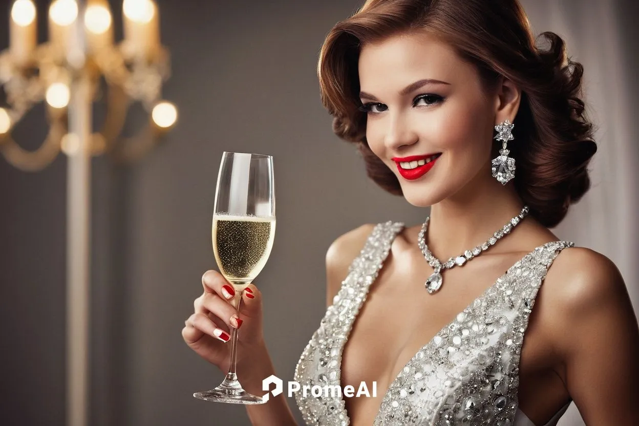 Advertisement, luxury brand, modern woman, (25yo), elegant posture, confident expression, red lipstick, glamorous hair, designer dress, high heels, diamond necklace, holding a champagne glass, smiling