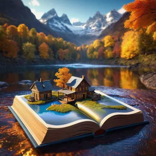 book wallpaper,storybook,fantasy landscape,autumn background,fall landscape,autumn landscape,magic book,fantasy picture,3d fantasy,autumn idyll,autumn scenery,autumn mountains,bookish,landscape background,storybooks,bibliophile,bookbuilding,llibre,miniature house,read a book,Photography,General,Sci-Fi