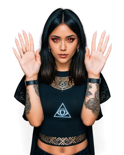 Illuminati member, mysterious aura, both hands visible, intricate symbol tattoos on fingers, All-Seeing Eye on palm, pyramid shapes on back of hand, red eyes glowing in darkness, pointed fingers, blac