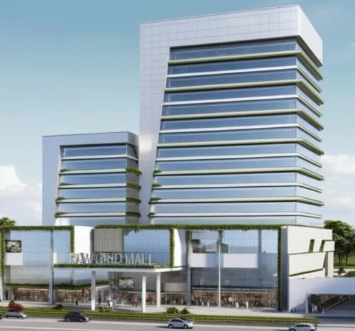 a rendering of a large glass and metal building,residencial,lodha,megaworld,kirloskar,vijaywada,infotech,Photography,General,Realistic