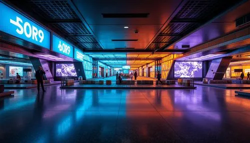 Futuristic transportation hub, sleek metallic surfaces, neon-lit signage, vibrant LED lights, holographic displays, modern angular architecture, polished chrome accents, dark reflective glass, high-gl