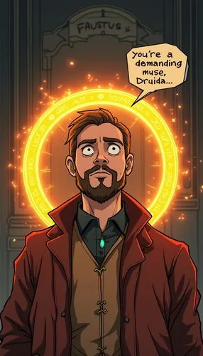 Draw in anime style: An image of a goatee Doctor Faustus is surrounded by a glowing amber arcane circle. A bubble of lettering floating above his head says, "you're a demanding muse, Druida",a man wit