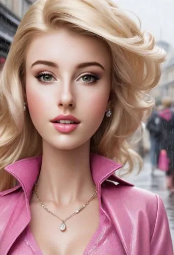 Beautiful blonde lady dressed as Barbie going shopping in real life, in a rainy London street. Photorealistic. Colourful. Her face looks slightly plastic and her hair looks slightly polyester.,realdol