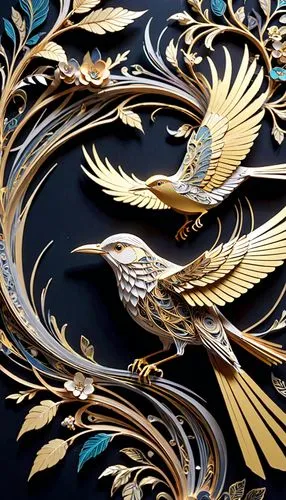 ornamental bird,an ornamental bird,gold foil art,bird wing,gold leaf,gold paint stroke,gold filigree,prince of wales feathers,firebirds,decoration bird,gold paint strokes,gilding,birds gold,bird wings,bird pattern,constellation swan,filigree,gold foil,feathers bird,gryphon,Anime,Anime,General