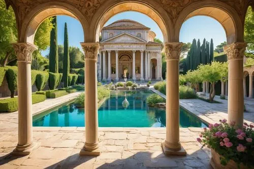 villa d'este,orangerie,marble palace,secret garden of venus,palladianism,jardiniere,pergola,palladian,villa cortine palace,alhambra,ritzau,villa balbianello,neoclassical,giarratano,palatial,neoclassicism,persian architecture,water palace,luxury property,neoclassicist,Illustration,Black and White,Black and White 13