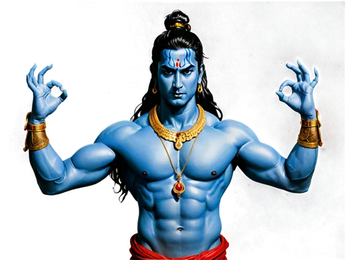 Shiva, Hindu god, blue skin, muscular body, four arms, angry facial expression, third eye on forehead, golden jewelry, red loin cloth, snake around neck, standing in heroic pose, misty atmosphere, war