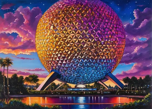 Describe the iconic Epcot ball at sunset, shining brightly in the evening sky.,epcot ball,epcot spaceship earth,epcot center,epcot,dubai garden glow,prism ball,walt disney world,the globe,disney world