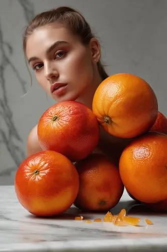 A woman, blood oranges foreground on marble table, realistic style, still from the film, 

Ralph Lauren shoot,a woman leaning up against some oranges,persimmon,carotenoids,persimmons,oranges,carota,ma