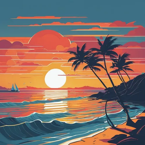 Generating an outpainting of a peaceful ocean sunset,tropics,coast sunset,tropical sea,tropical beach,honolulu,beach landscape,beach scenery,palm tree vector,dream beach,sunset beach,ocean background,