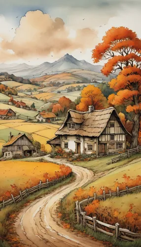 autumn landscape,fall landscape,rural landscape,farm landscape,autumn scenery,david bates,home landscape,autumn idyll,autumn background,japan landscape,one autumn afternoon,autumn mountains,landscape background,country cottage,autumn day,farm background,autumn morning,autumn theme,the autumn,farmstead,Illustration,Paper based,Paper Based 29