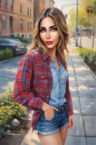 A water-color painting features a woman wearing a red check shirt and blue jeans, standing on a sidewalk. Outdoor setting. She is the main focus of the scene.  The overall atmosphere of the image is l