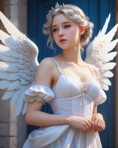 Create a photo realistic in William-Adolphe Bouguereau style of a beautiful adult female angel has a curvy body, white skin, natural blue eyes, and wearing simple lingerie. Realistic hands, realistic 