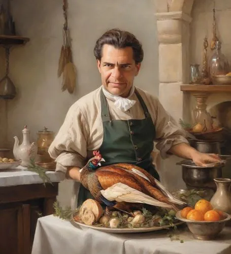 A happy Renaissance court chef proudly holds a feather-adorned roast pheasant on a platter. The cook is dressed in Renaissance clothing with rolled up sleeves. In the background is a medieval kitchen 