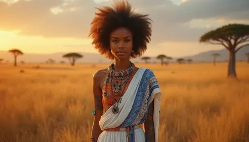 Cultural icon, Indigo color theme, traditional African woman, Afro hairstyle, warm golden skin tone, bright colorful beads necklace, tribal tattoos on arms and legs, flowing white robe with intricate 