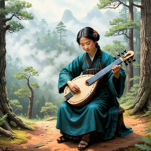 guqin,shamisen,woman playing,hanfu,gayageum,kunqu,daoists,oriental painting,yiping,woman playing violin,chuseok,zhuangzi,rongfeng,guzheng,wenzhao,yanzhao,sizhao,jianfei,classical guitar,daoist,Illustration,Children,Children 01