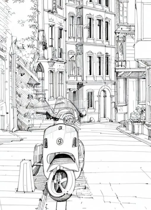 motorcycle,vespa,motorbike,mono-line line art,camera illustration,paris clip art,city bike,motorcycles,brownstone,bike,parked bike,hand-drawn illustration,e-scooter,moped,piaggio,1000miglia,coloring p