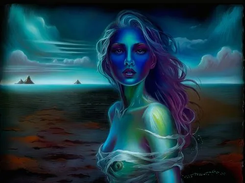 Passion Sexy Painting ,Naked Woman  Abstract Body Art Oil Painting,a painting with a woman on the edge of the ocean,bioluminescent,fathom,neon body painting,amphitrite,oceano,siren,Illustration,Realis