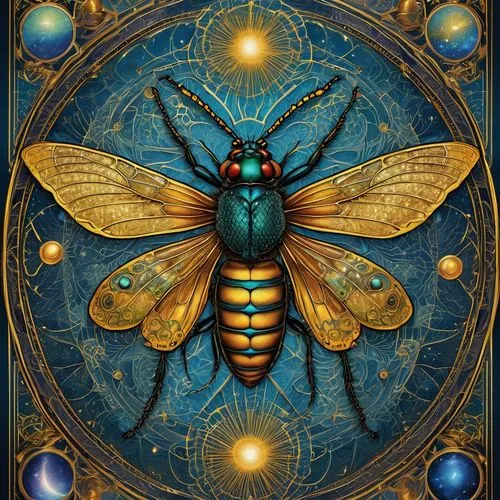 An elaborate tarot card illustration featuring an ornate insect-like figure at its center. The design is highly detailed with symmetrical arrangements of mystical patterns, winding lines, and shimmeri