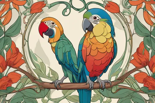 couple macaw,parrot couple,parrots,macaws,tropical birds,passerine parrots,toucans,flower and bird illustration,macaws of south america,golden parakeets,macaws blue gold,bird couple,parakeets,blue macaws,macaw,sun conures,colorful birds,garden birds,blue and yellow macaw,birds on a branch,Illustration,Retro,Retro 08