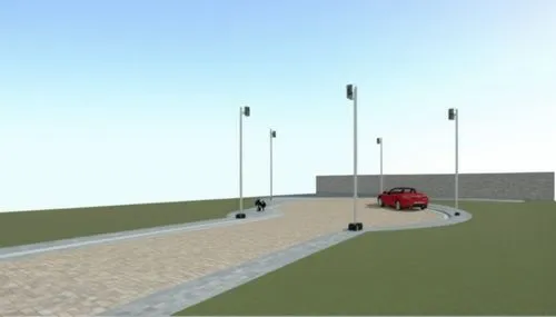 Que lo verde en la imagen sea cesped, lo gris es piso adoquinado con sus verededas, el carro rojo, y el muro de atras cemento expuesto ,reichsautobahn,parking lot under construction,carriageways,highw