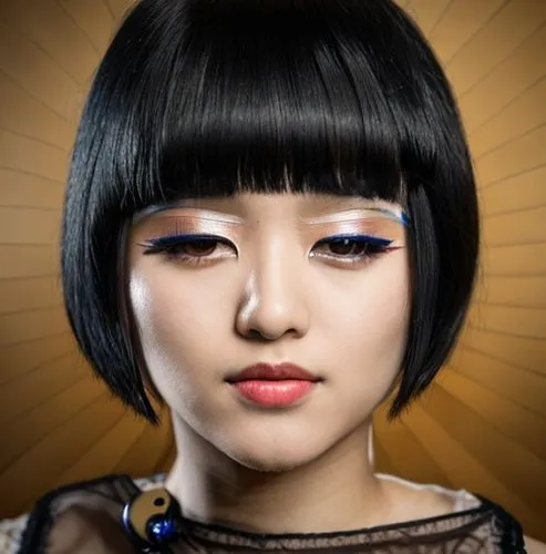 oriental young woman, serious looking 24 year old,  flapper style hair cut with bans , always wears black clothing, always shows her hair,asian woman,asian vision,vintage makeup,japanese woman,geisha 