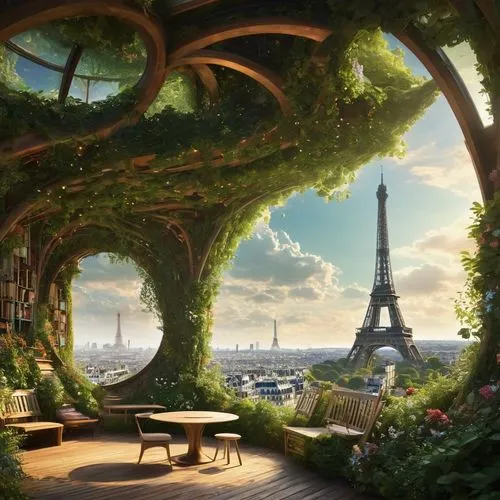 ecotopia,paris,parisian,paris cafe,parigi,french digital background,parisien,arbor,parisii,enviroment,paris balcony,eifel,terrasse,champ de mars,mirabeau,parisiens,environment,green garden,lachapelle,futuristic landscape,Conceptual Art,Fantasy,Fantasy 05