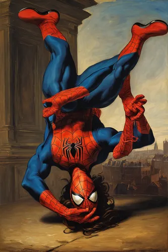 spider bouncing,spiderman,spider-man,spider man,arachnid,spider,flip (acrobatic),b-boying,spider the golden silk,crouching,acrobatics,webbing,splits,grappling,foreshortening,marvel comics,walking spider,arachnophobia,parkour,art,Art,Classical Oil Painting,Classical Oil Painting 08