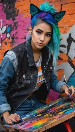 graffiti,street artist,painting technique,blue hair,punk,street artists,denim jacket,art model,kat,artistic roller skating,painted guitar,grunge,artistic,colorful background,anime girl,table artist,street chalk,artist,jean jacket,artist portrait,Illustration,Abstract Fantasy,Abstract Fantasy 19