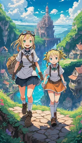 meteora,adventurer,adventure,magical adventure,two girls,gunkanjima,island residents,aurora village,mountain world,knight village,narkomaniia,game illustration,happy children playing in the forest,mountain spring,background images,children girls,hikers,children's background,hand in hand,fairies,Illustration,Japanese style,Japanese Style 06