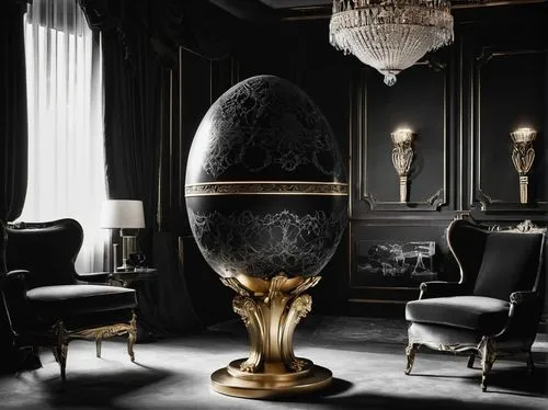 Egg, ornate decorative egg, Baroque-style, intricate patterns, golden accents, delicate textures, pedestal base, luxurious fabrics, velvet drapes, lavish interior, grand chandelier, opulent furniture,