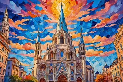 notredame,church painting,notredame de paris,cathedral,duomo,gaudi,saint michel,notre dame de sénanque,notre dame,notre,matthias church,sagrada,steeple,gothic church,lachapelle,steeples,colorful city,gesu,world digital painting,the cathedral,Conceptual Art,Oil color,Oil Color 25