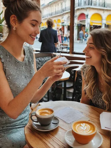 Write a funny and light-hearted conversation between two people on Charmdate in a busy caf￩.,parisian coffee,cortado,caffè macchiato,café au lait,women at cafe,espresso,paris cafe,cappuccino,floral wi