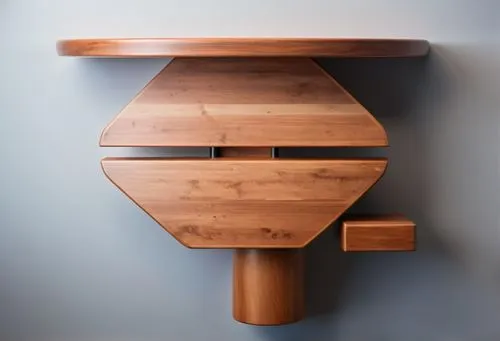 a round table made of wood and metal against a white background,a wooden sculpture on top of a wall with shelves,wooden shelf,wooden desk,folding table,wooden table,baby changing chest of drawers,high