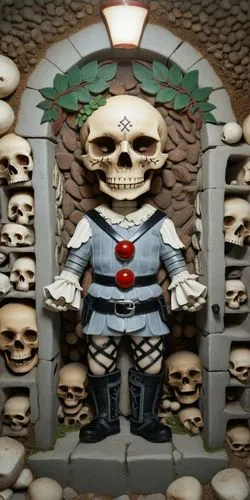 the skeleton is wearing a costume with a clown mask,skull statue,ossuary,skelemani,png sculpture,sans,day of the dead frame,Photography,General,Fantasy