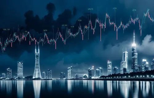 要有股票走势图,a bunch of graph diagrams hanging over the city skyline,city skyline,quipu,cityscape,cybercity,city at night,mubadala