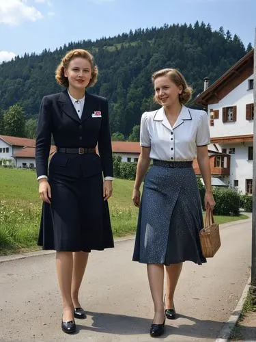 Eva und Gretl Braun, 1940 zu Besuch in Unterhausen bei Reutlingen.,two women are walking on a road with houses and hills in the background,stewardesses,ingrid bergman,1940 women,austrians,zetterlund,s