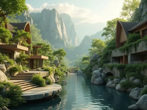 rivendell,fantasy landscape,shaoming,asian architecture,mountain settlement,shangri,hushan,shangrila,riftwar,guilin,futuristic landscape,gondolin,home landscape,huashan,landscape background,seclude,idyllic,ecotopia,nargothrond,tailandia,Photography,General,Realistic