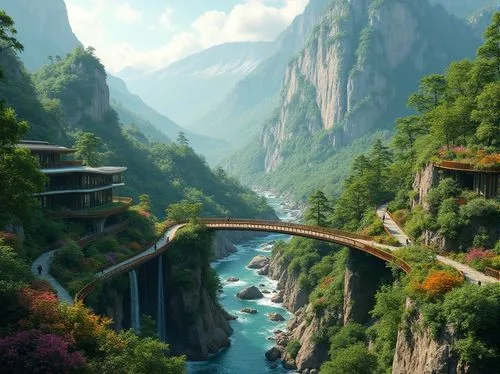 rivendell,scenic bridge,mountain highway,taroko,tigers nest,hushan,mountain road,mountain pass,tianchi,highway bridge,skybridge,dragon bridge,alpine drive,canyon,yangtze,futuristic landscape,adventure bridge,winding roads,rainbow bridge,steep mountain pass,Photography,General,Realistic