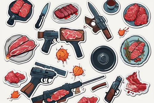 Create a suspenseful crime scene where a detective investigates a murder involving raw meat as the weapon.,food icons,grilled food sketches,meat products,cooking book cover,butcher shop,meats,red cook