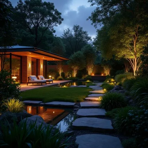 A serene garden scene at dusk, with warm ambient lighting illuminating the plants, trees, and pathways. The atmosphere is peaceful, with soft shadows and glowing lights creating a cozy, welcoming vibe