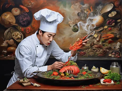 nabemono,korean cuisine,sushi art,men chef,korean chinese cuisine,japanese cuisine,chef,asian cuisine,culinary art,fish-surgeon,korean royal court cuisine,caterer,huaiyang cuisine,cooking book cover,food styling,taiwanese cuisine,food preparation,cooking vegetables,hong kong cuisine,fishmonger,Illustration,Realistic Fantasy,Realistic Fantasy 40