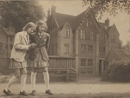 Englische Jugend,two girls in school uniforms stand next to a large house,vintage boy and girl,shiplake,tylney,cottingley,holmbury,vintage photo