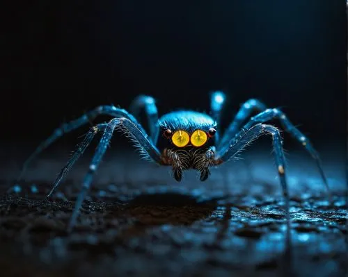 Bioluminescent spider, dark blue glowing abdomen, intricate webs, glowing yellow eyes, thin legs, shimmering silver hair, delicate fingers, mysterious atmosphere, abandoned laboratory, dimly lit, old 