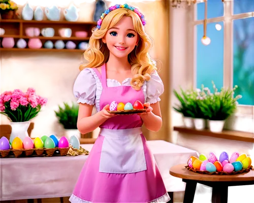 Easter Sunday, happy girl, holding Easter eggs, pastel colored dress, white apron, curly blonde hair, bright smile, gentle posture, standing in front of a decorated table, surrounded by flowers, soft 