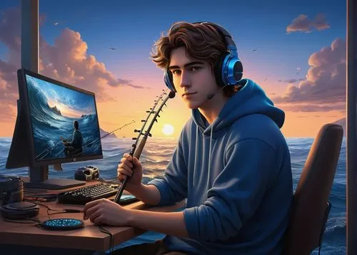 Virtual fisherman, Discord username, young adult, casual wear, blue hoodie, messy brown hair, gaming headset, holding a fishing rod, sitting in front of a desk with multiple monitors, virtual ocean sc