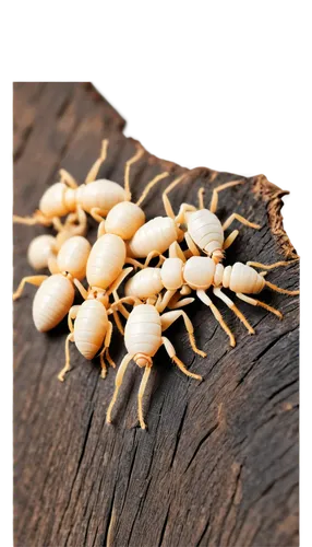 Termites, group, white bodies, brown heads, six legs, antennae, wooden texture, damaged wood, cracks, holes, dark background, close-up, macro photography, warm lighting, shallow depth of field.,psylli