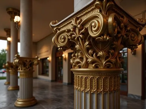 Ornate column capitals, intricately carved acanthus leaves, golden gilded details, ornamental scrolls, fluted shafts, Corinthian-inspired architecture, luxurious materials, marble or granite bases, or